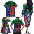 Custom Warriors Rugby ANZAC Family Matching Off The Shoulder Long Sleeve Dress and Hawaiian Shirt Gallipoli Soldier With Aboriginal Art