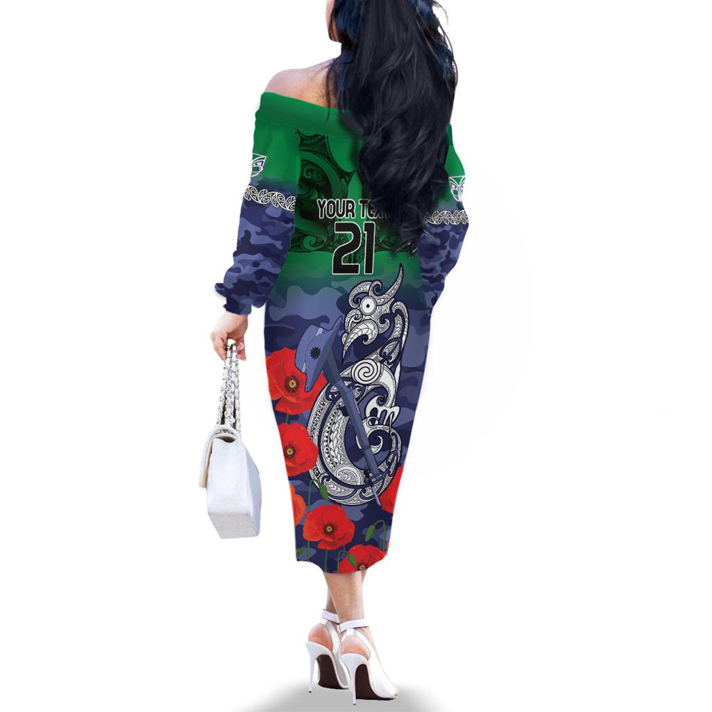 Custom Warriors Rugby ANZAC Family Matching Off The Shoulder Long Sleeve Dress and Hawaiian Shirt Gallipoli Soldier With Aboriginal Art