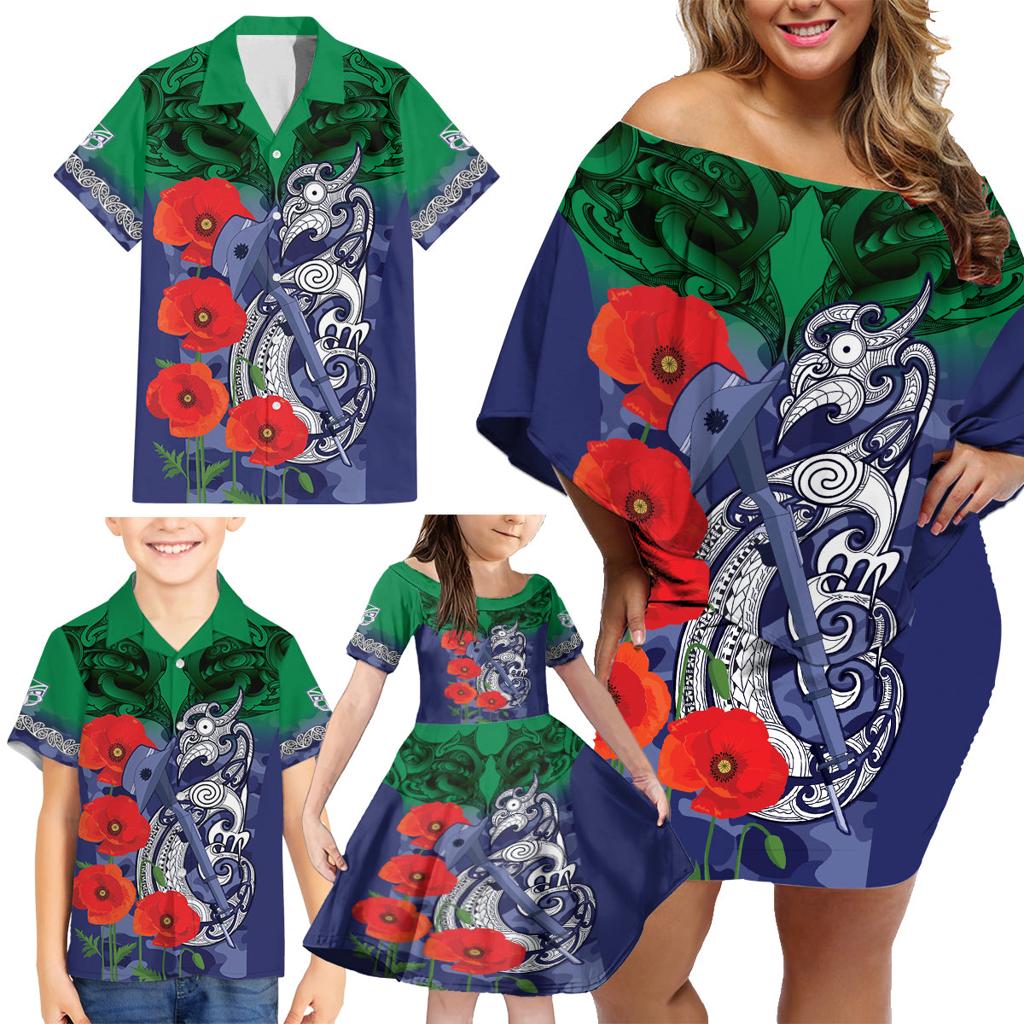 Custom Warriors Rugby ANZAC Family Matching Off Shoulder Short Dress and Hawaiian Shirt Gallipoli Soldier With Aboriginal Art