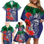 Custom Warriors Rugby ANZAC Family Matching Off Shoulder Short Dress and Hawaiian Shirt Gallipoli Soldier With Aboriginal Art