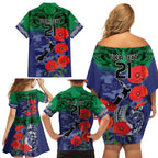 Custom Warriors Rugby ANZAC Family Matching Off Shoulder Short Dress and Hawaiian Shirt Gallipoli Soldier With Aboriginal Art
