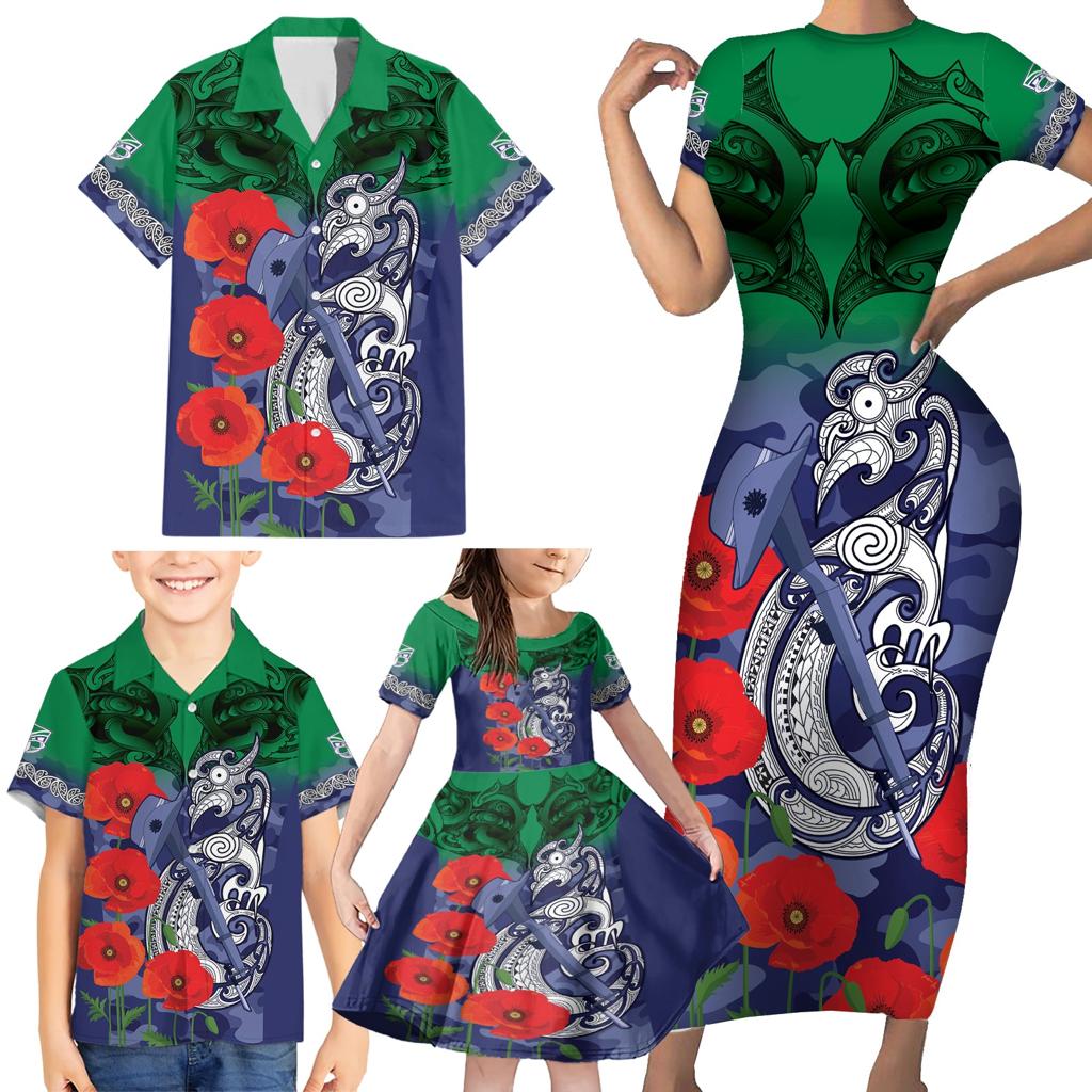 Custom Warriors Rugby ANZAC Family Matching Short Sleeve Bodycon Dress and Hawaiian Shirt Gallipoli Soldier With Aboriginal Art