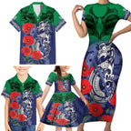Custom Warriors Rugby ANZAC Family Matching Short Sleeve Bodycon Dress and Hawaiian Shirt Gallipoli Soldier With Aboriginal Art