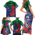 Custom Warriors Rugby ANZAC Family Matching Short Sleeve Bodycon Dress and Hawaiian Shirt Gallipoli Soldier With Aboriginal Art