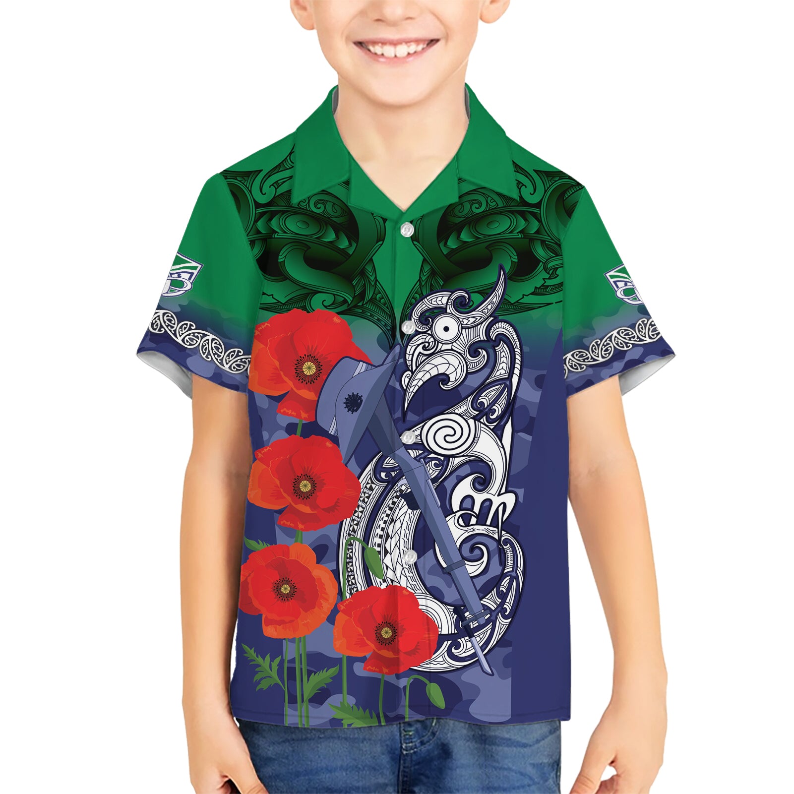 Custom Warriors Rugby ANZAC Kid Hawaiian Shirt Gallipoli Soldier With Aboriginal Art