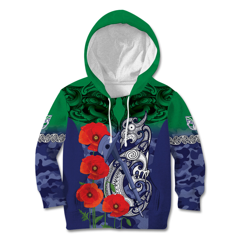 Custom Warriors Rugby ANZAC Kid Hoodie Gallipoli Soldier With Aboriginal Art