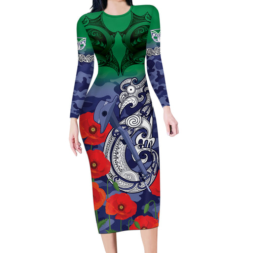 Custom Warriors Rugby ANZAC Long Sleeve Bodycon Dress Gallipoli Soldier With Aboriginal Art