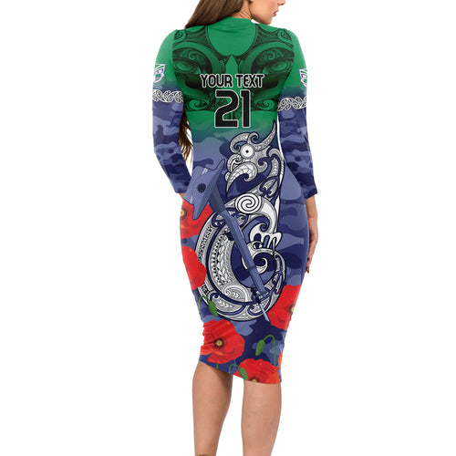 Custom Warriors Rugby ANZAC Long Sleeve Bodycon Dress Gallipoli Soldier With Aboriginal Art