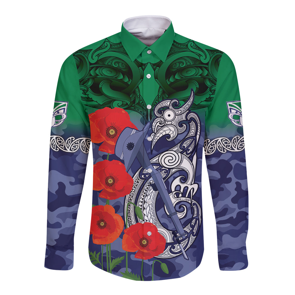 Custom Warriors Rugby ANZAC Long Sleeve Button Shirt Gallipoli Soldier With Aboriginal Art