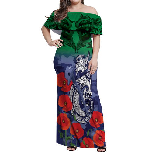 Custom Warriors Rugby ANZAC Off Shoulder Maxi Dress Gallipoli Soldier With Aboriginal Art