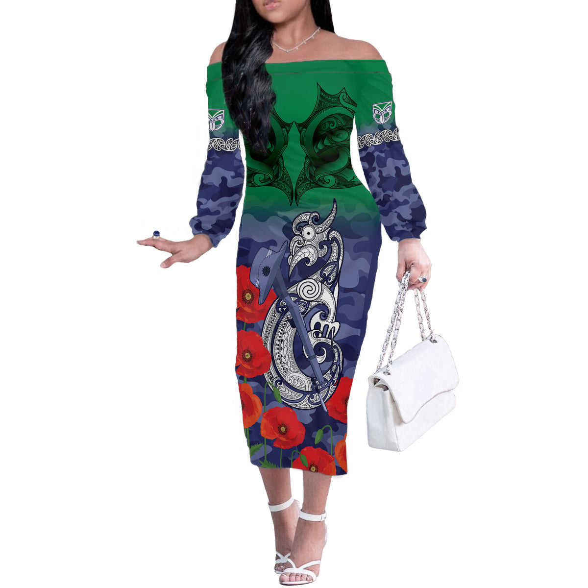 Custom Warriors Rugby ANZAC Off The Shoulder Long Sleeve Dress Gallipoli Soldier With Aboriginal Art
