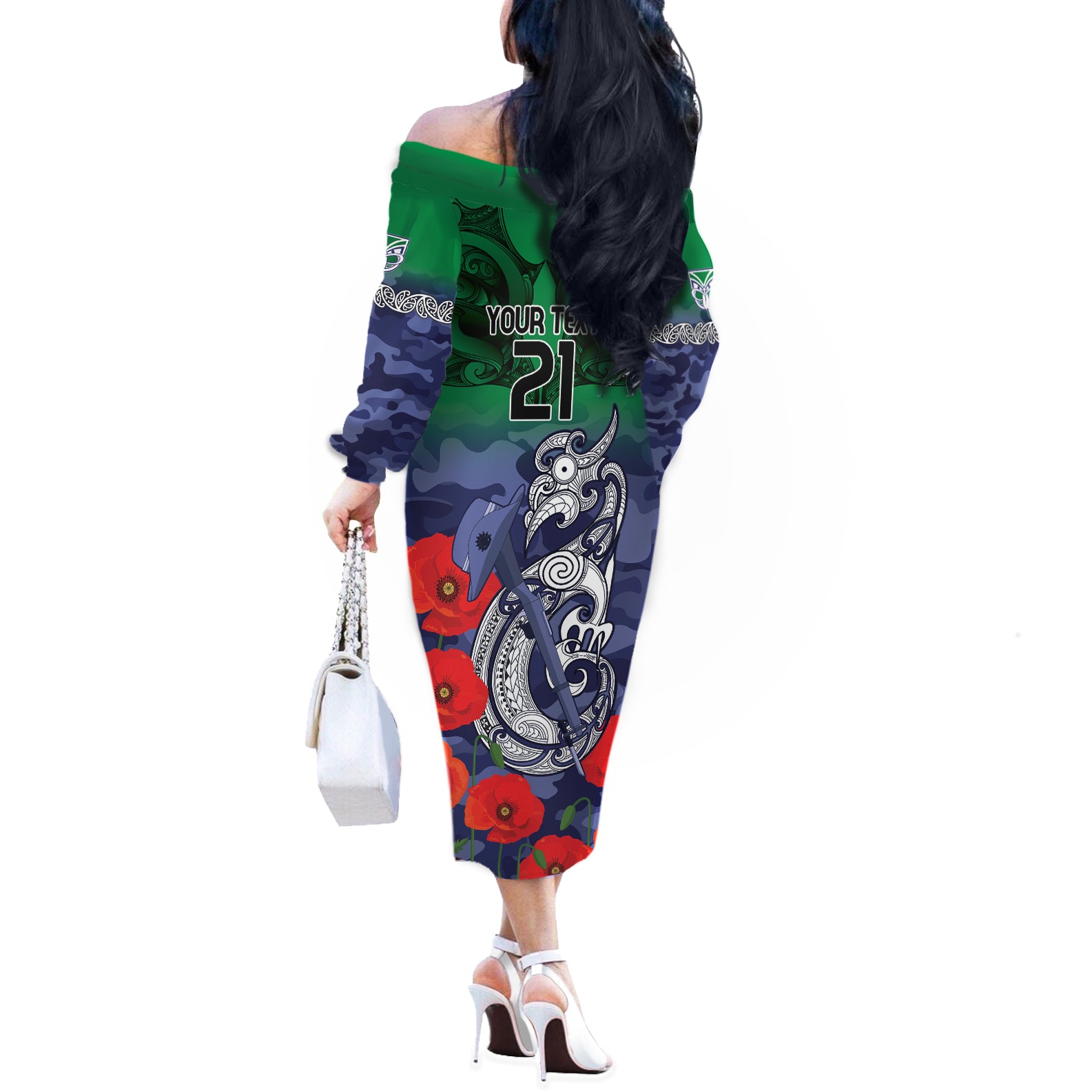 Custom Warriors Rugby ANZAC Off The Shoulder Long Sleeve Dress Gallipoli Soldier With Aboriginal Art