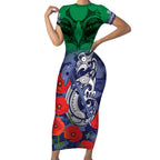 Custom Warriors Rugby ANZAC Short Sleeve Bodycon Dress Gallipoli Soldier With Aboriginal Art