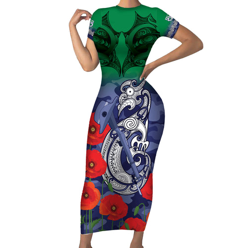 Custom Warriors Rugby ANZAC Short Sleeve Bodycon Dress Gallipoli Soldier With Aboriginal Art