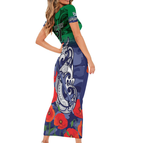 Custom Warriors Rugby ANZAC Short Sleeve Bodycon Dress Gallipoli Soldier With Aboriginal Art