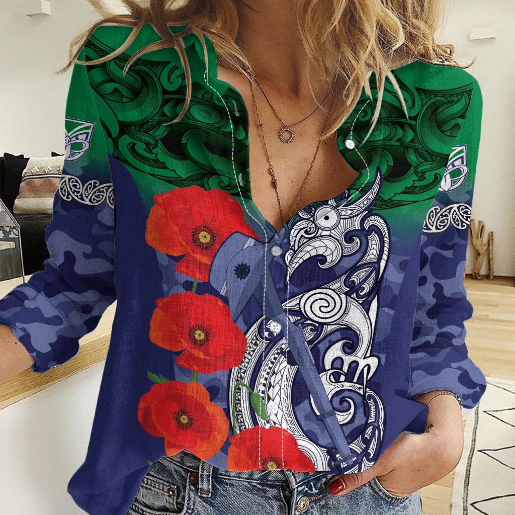 Custom Warriors Rugby ANZAC Women Casual Shirt Gallipoli Soldier With Aboriginal Art