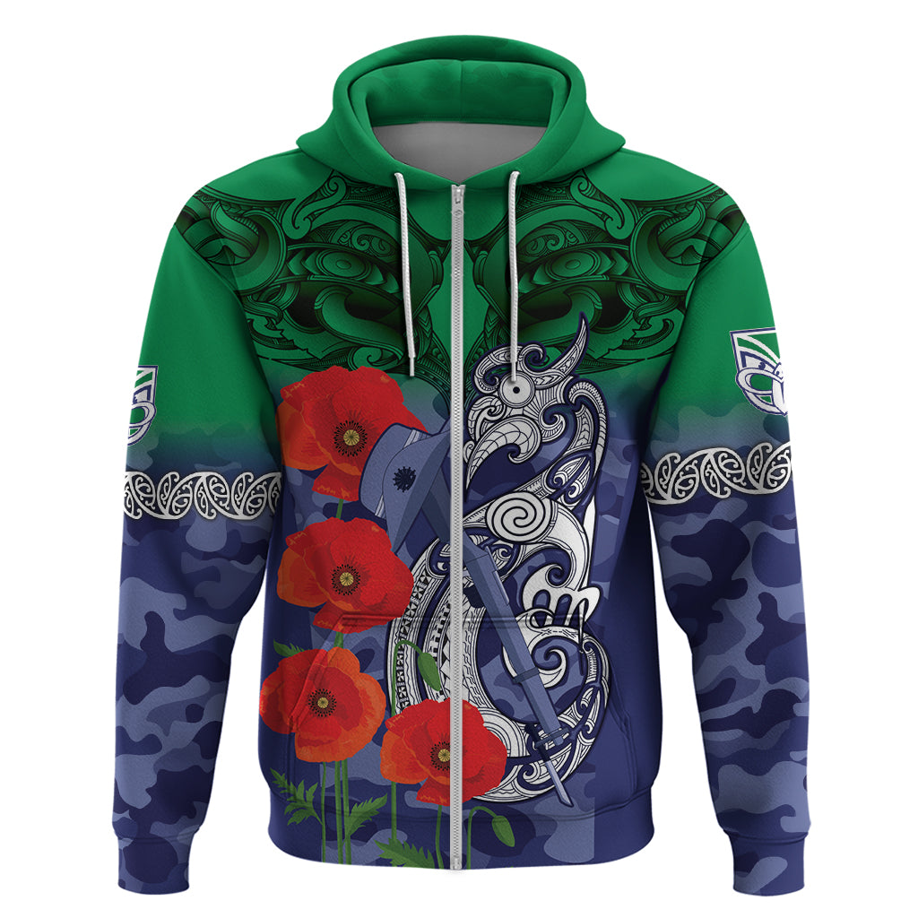 Custom Warriors Rugby ANZAC Zip Hoodie Gallipoli Soldier With Aboriginal Art