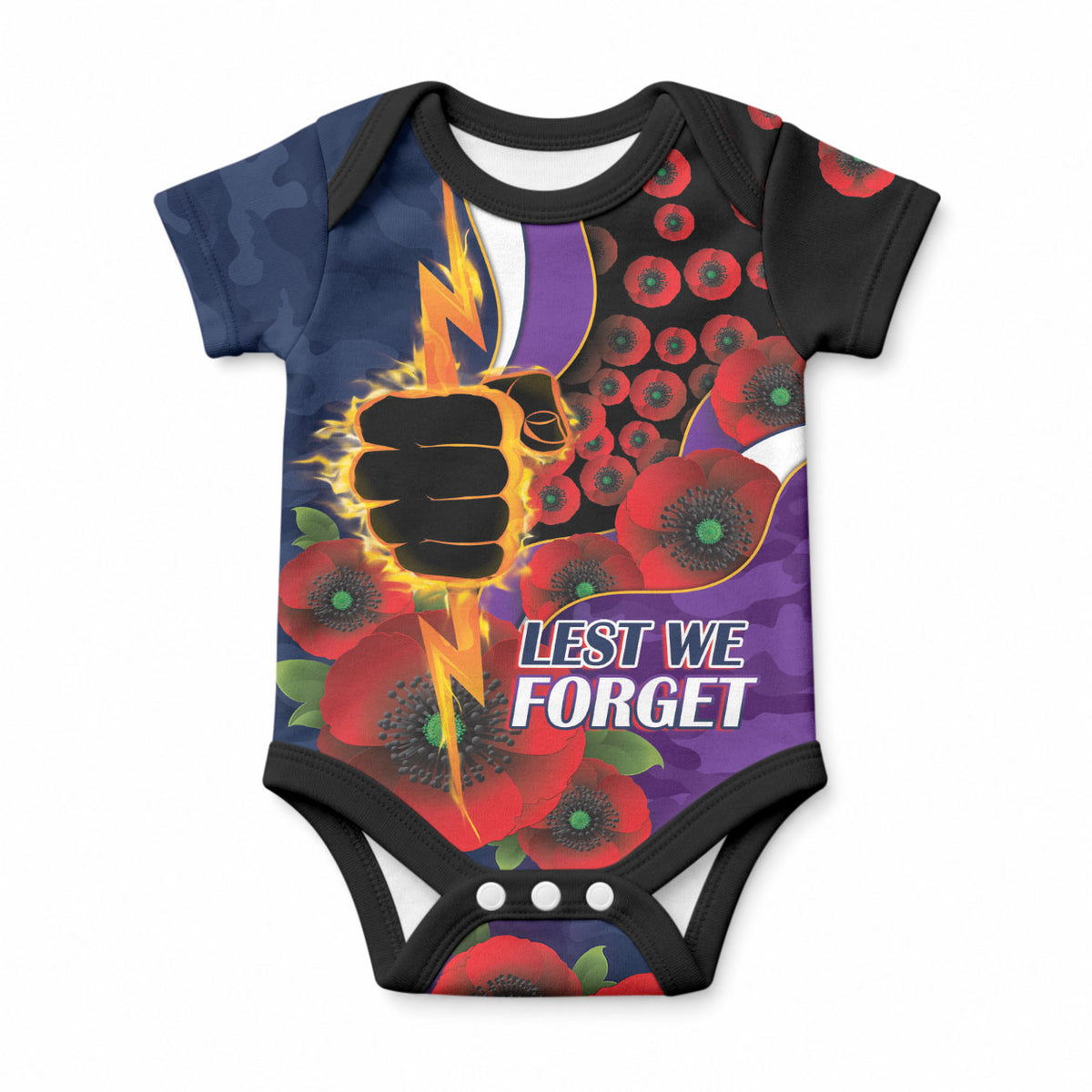 Melbourne Storm ANZAC Personalised Baby Onesie Lest We Forget Poppy Camo