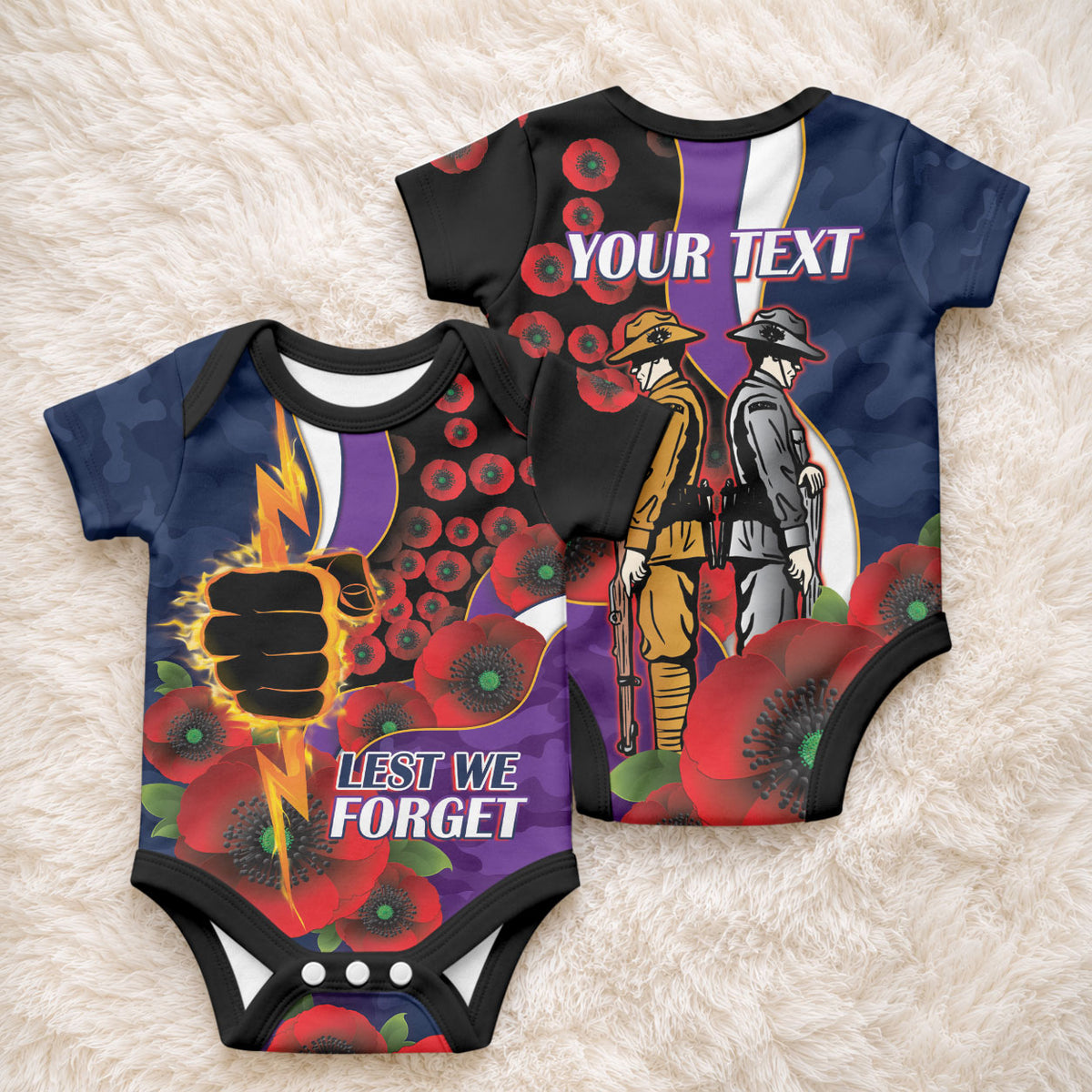 Melbourne Storm ANZAC Personalised Baby Onesie Lest We Forget Poppy Camo
