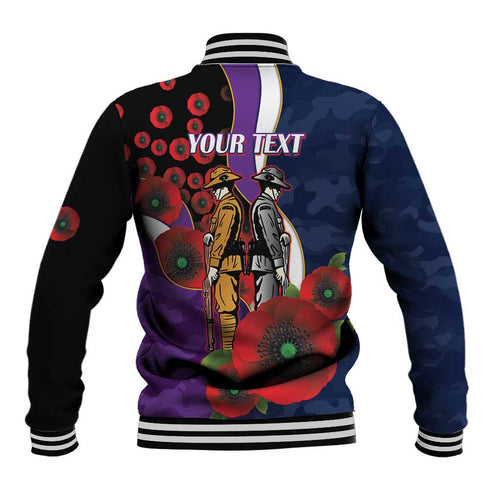 Melbourne Storm ANZAC Personalised Baseball Jacket Lest We Forget Poppy Camo