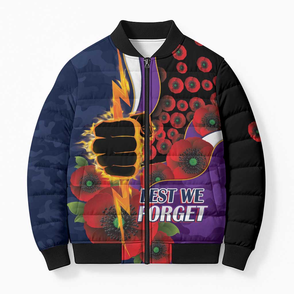 Melbourne Storm ANZAC Personalised Bomber Puffer Jacket Lest We Forget Poppy Camo