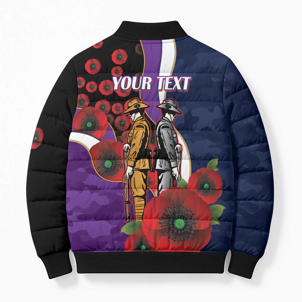 Melbourne Storm ANZAC Personalised Bomber Puffer Jacket Lest We Forget Poppy Camo