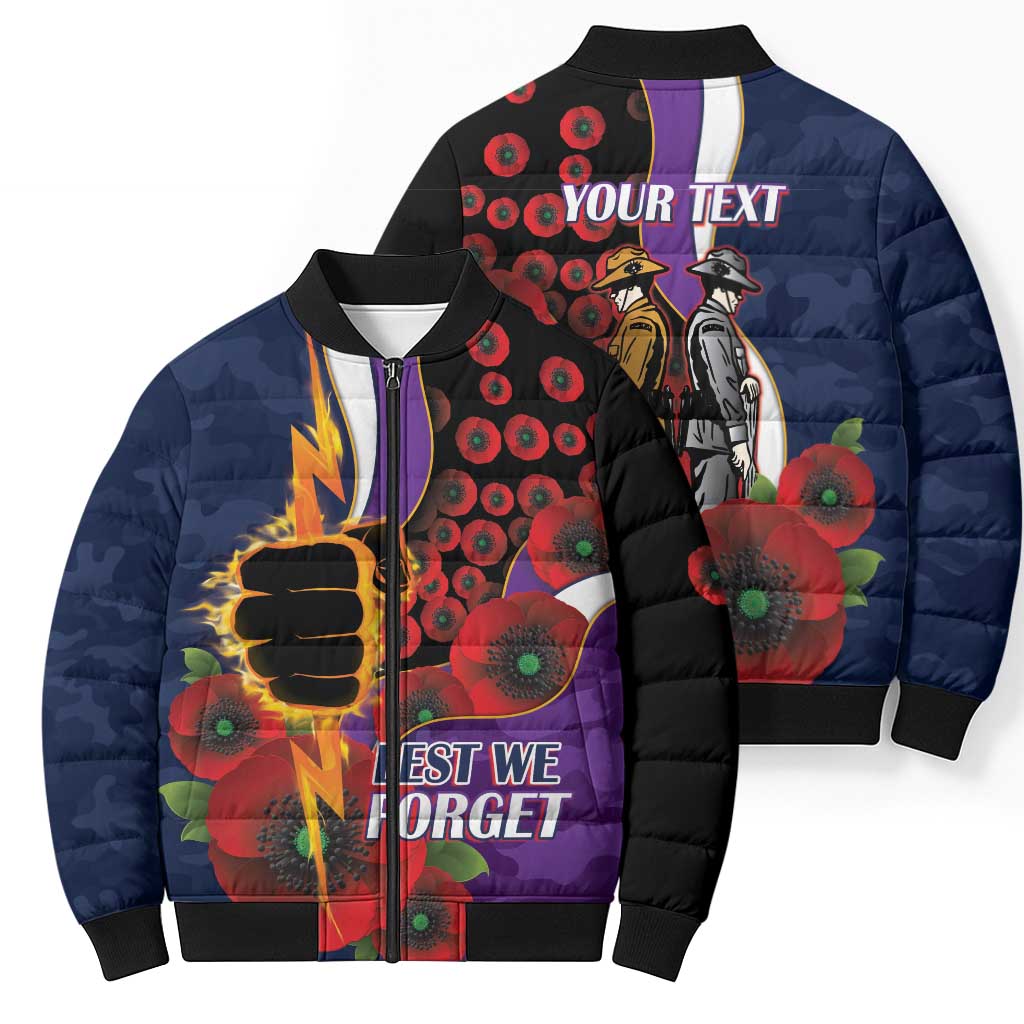 Melbourne Storm ANZAC Personalised Bomber Puffer Jacket Lest We Forget Poppy Camo