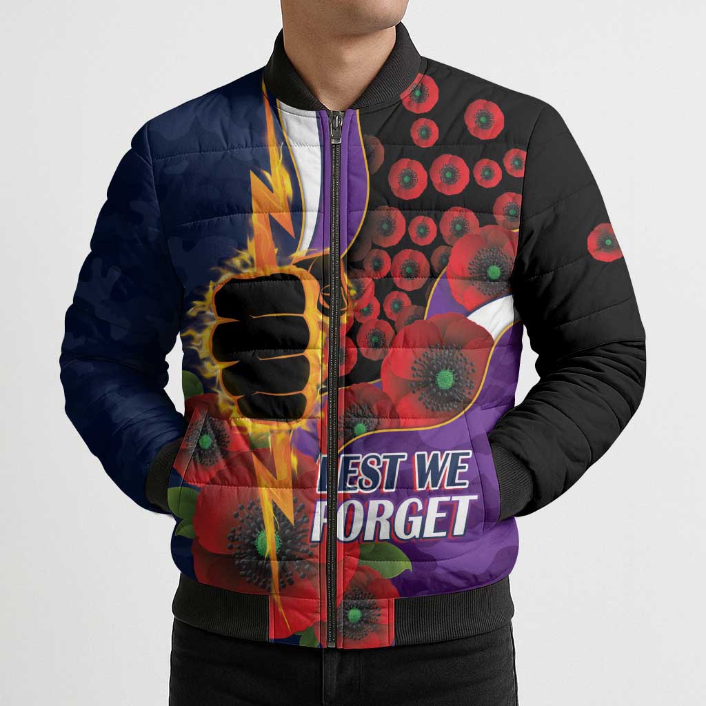 Melbourne Storm ANZAC Personalised Bomber Puffer Jacket Lest We Forget Poppy Camo