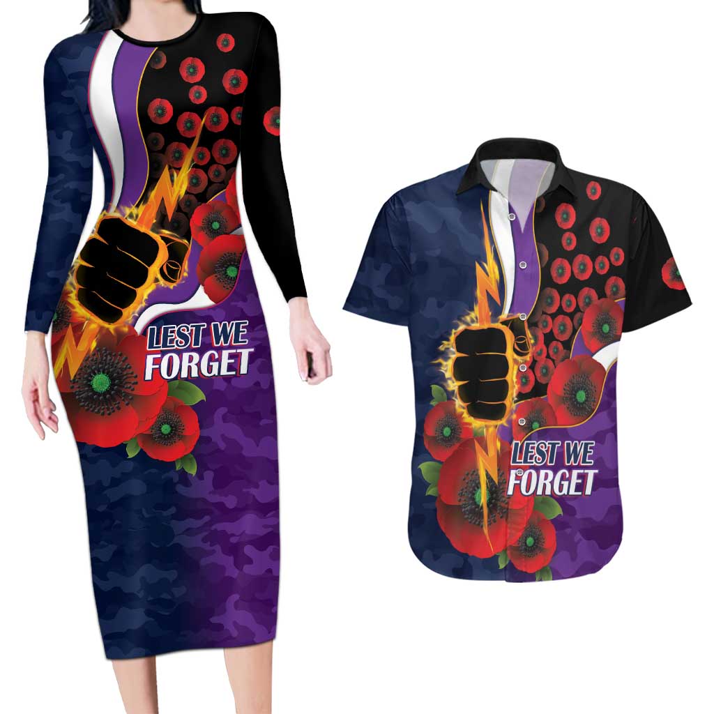 Melbourne Storm ANZAC Personalised Couples Matching Long Sleeve Bodycon Dress and Hawaiian Shirt Lest We Forget Poppy Camo