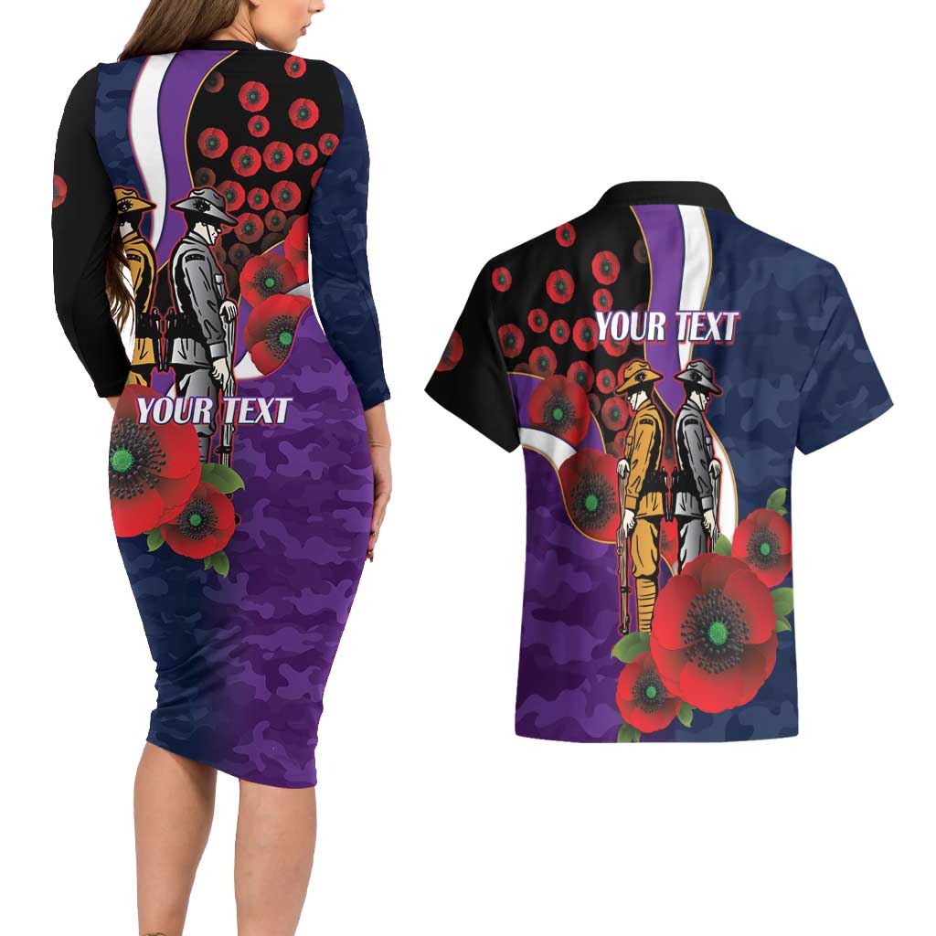 Melbourne Storm ANZAC Personalised Couples Matching Long Sleeve Bodycon Dress and Hawaiian Shirt Lest We Forget Poppy Camo