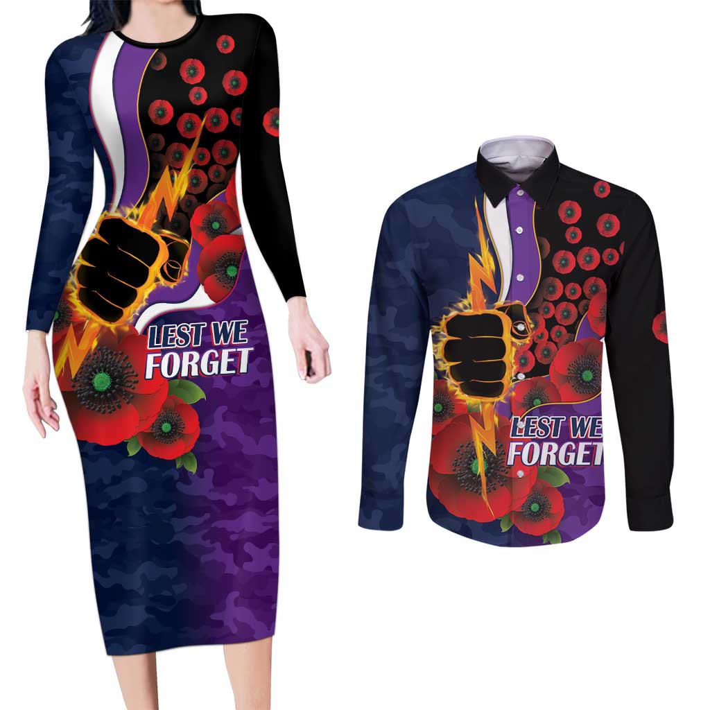 Melbourne Storm ANZAC Personalised Couples Matching Long Sleeve Bodycon Dress and Long Sleeve Button Shirt Lest We Forget Poppy Camo