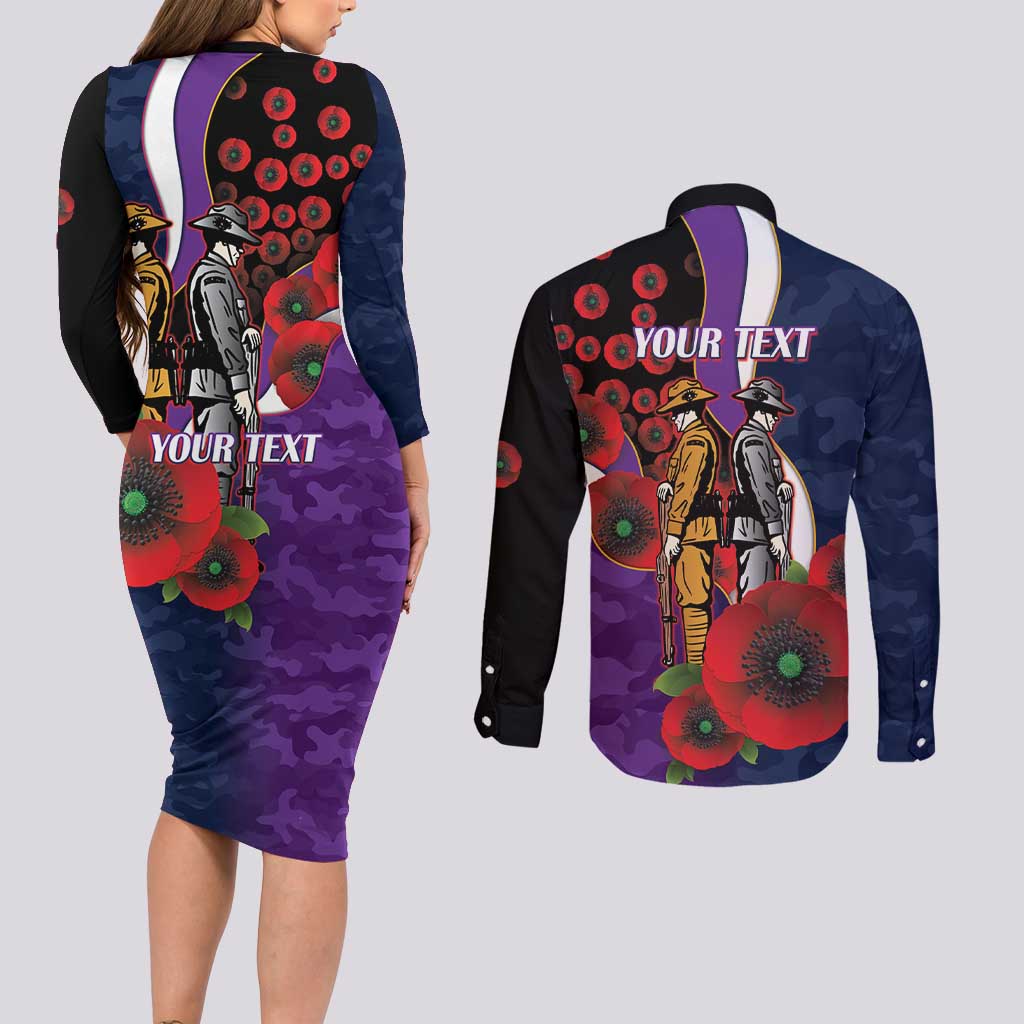 Melbourne Storm ANZAC Personalised Couples Matching Long Sleeve Bodycon Dress and Long Sleeve Button Shirt Lest We Forget Poppy Camo