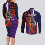 Melbourne Storm ANZAC Personalised Couples Matching Long Sleeve Bodycon Dress and Long Sleeve Button Shirt Lest We Forget Poppy Camo