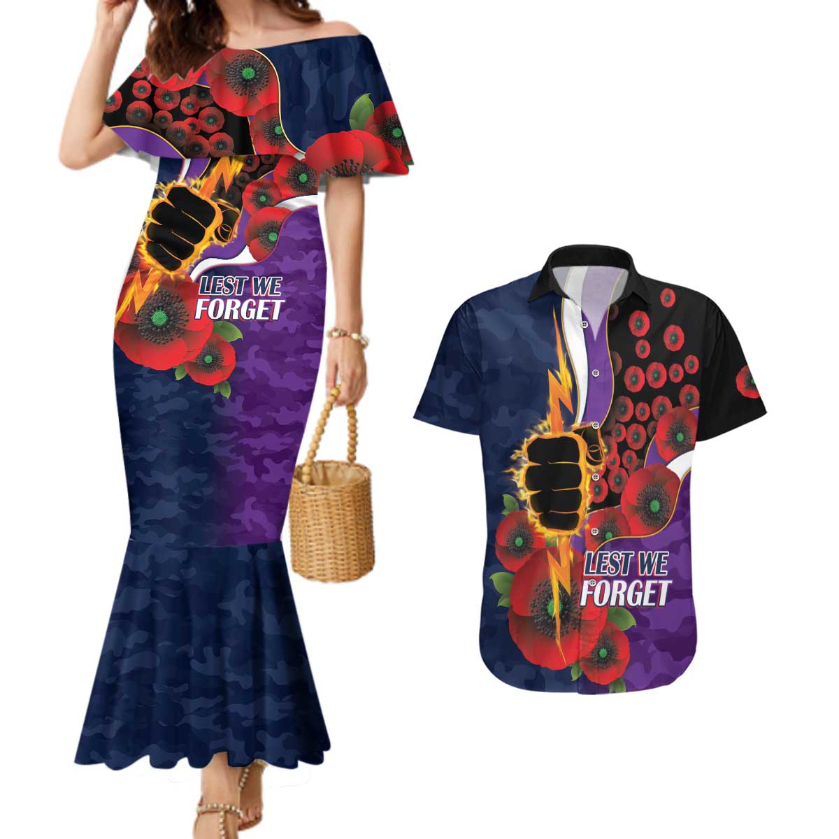 Melbourne Storm ANZAC Personalised Couples Matching Mermaid Dress and Hawaiian Shirt Lest We Forget Poppy Camo
