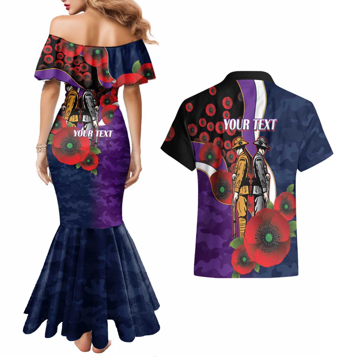 Melbourne Storm ANZAC Personalised Couples Matching Mermaid Dress and Hawaiian Shirt Lest We Forget Poppy Camo