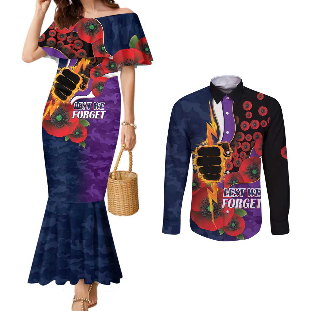 Melbourne Storm ANZAC Personalised Couples Matching Mermaid Dress and Long Sleeve Button Shirt Lest We Forget Poppy Camo
