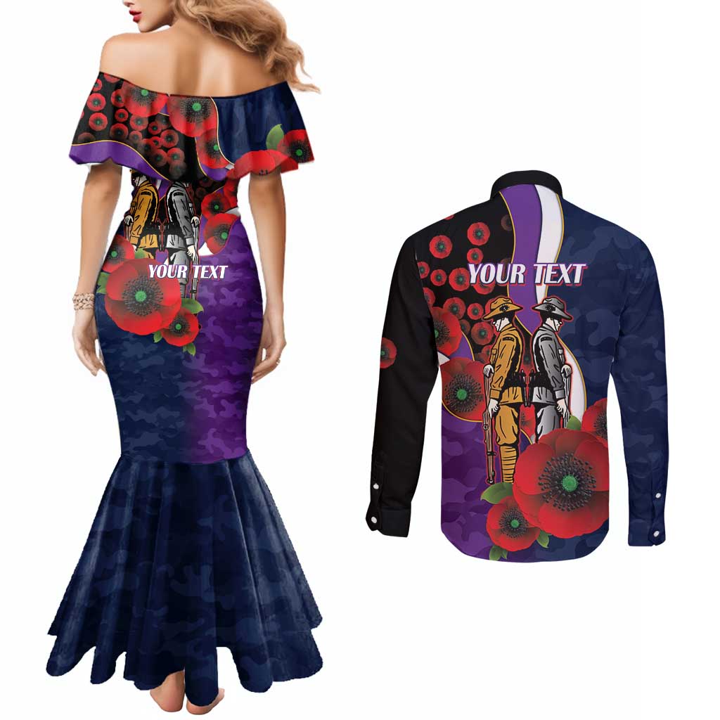Melbourne Storm ANZAC Personalised Couples Matching Mermaid Dress and Long Sleeve Button Shirt Lest We Forget Poppy Camo