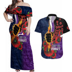 Melbourne Storm ANZAC Personalised Couples Matching Off Shoulder Maxi Dress and Hawaiian Shirt Lest We Forget Poppy Camo