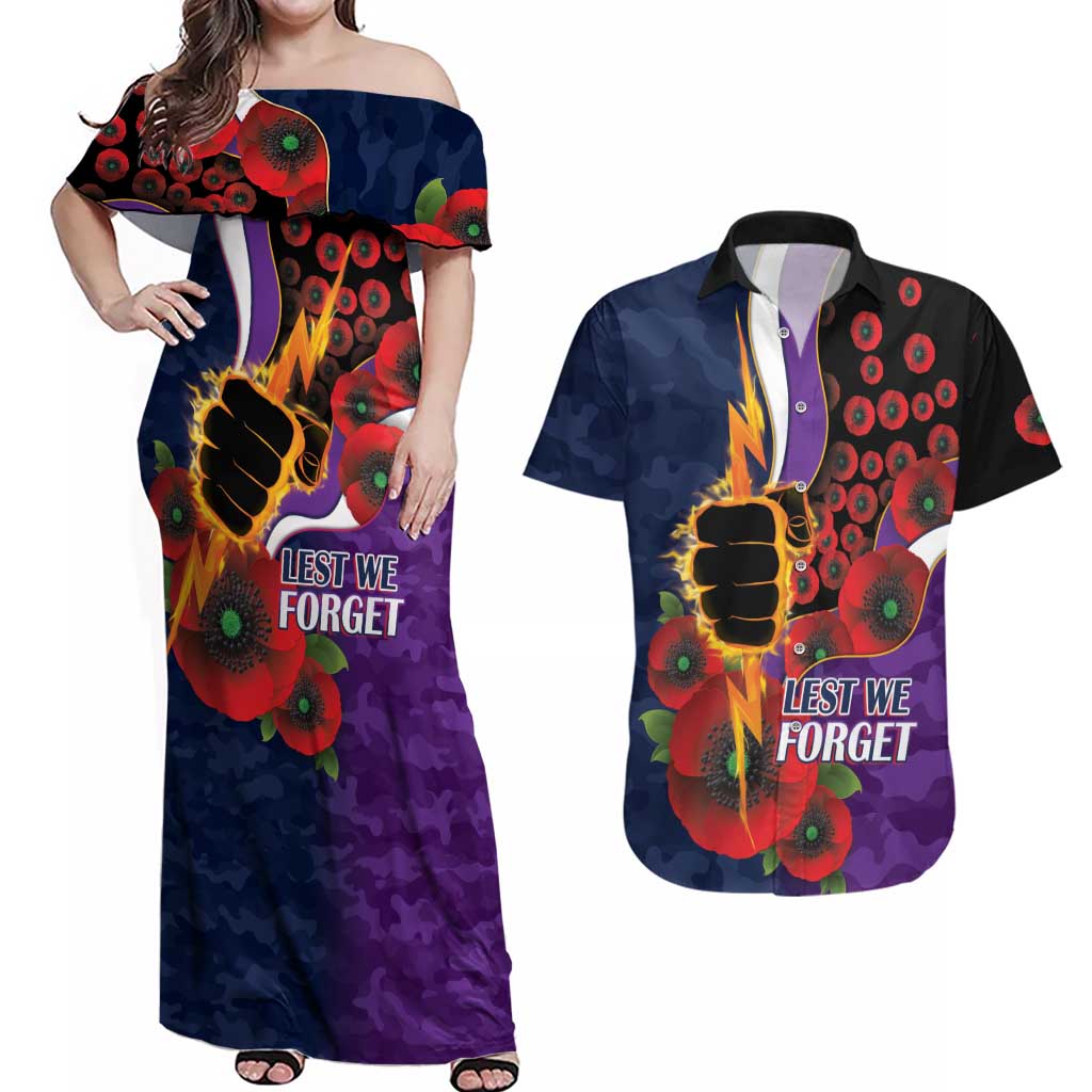 Melbourne Storm ANZAC Personalised Couples Matching Off Shoulder Maxi Dress and Hawaiian Shirt Lest We Forget Poppy Camo