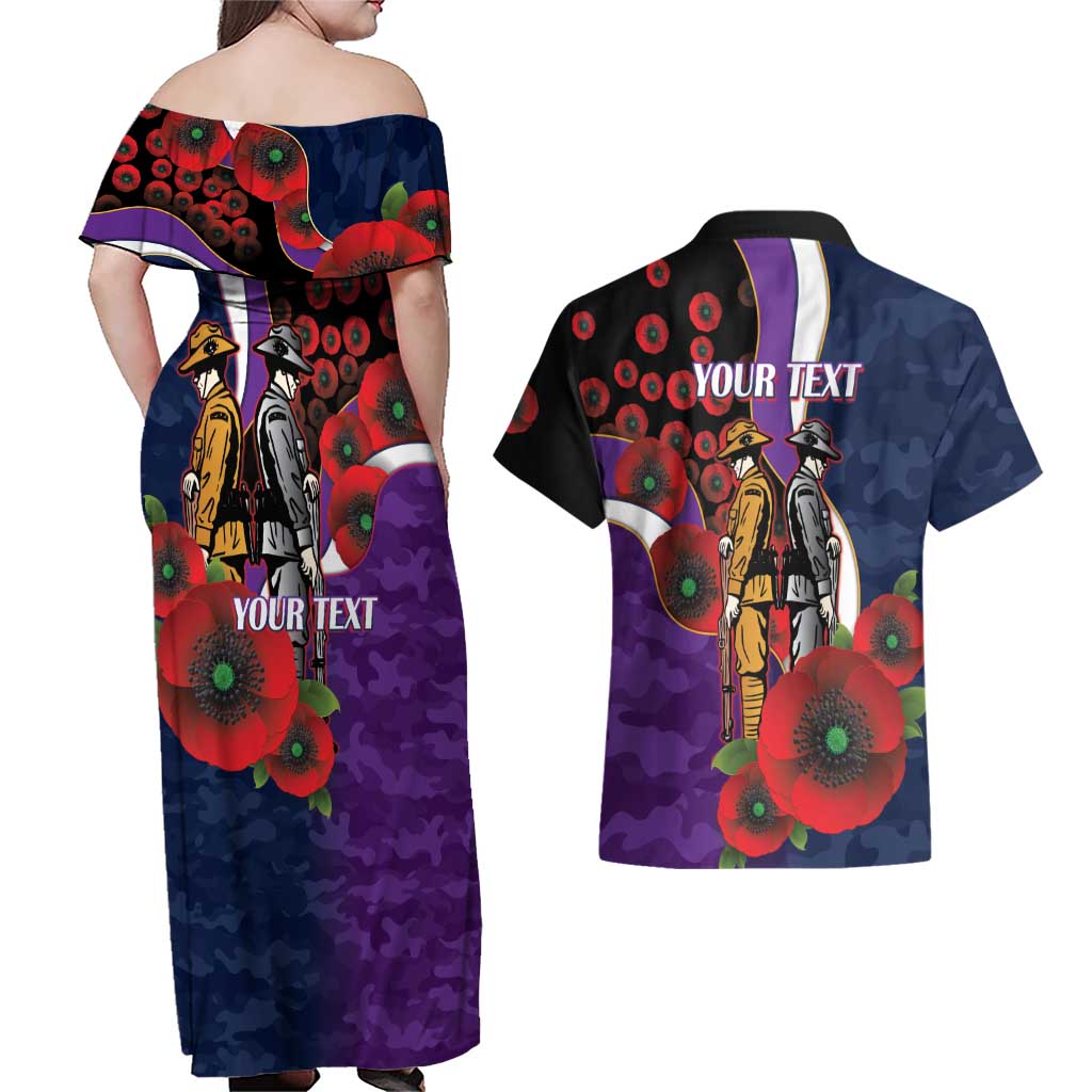 Melbourne Storm ANZAC Personalised Couples Matching Off Shoulder Maxi Dress and Hawaiian Shirt Lest We Forget Poppy Camo