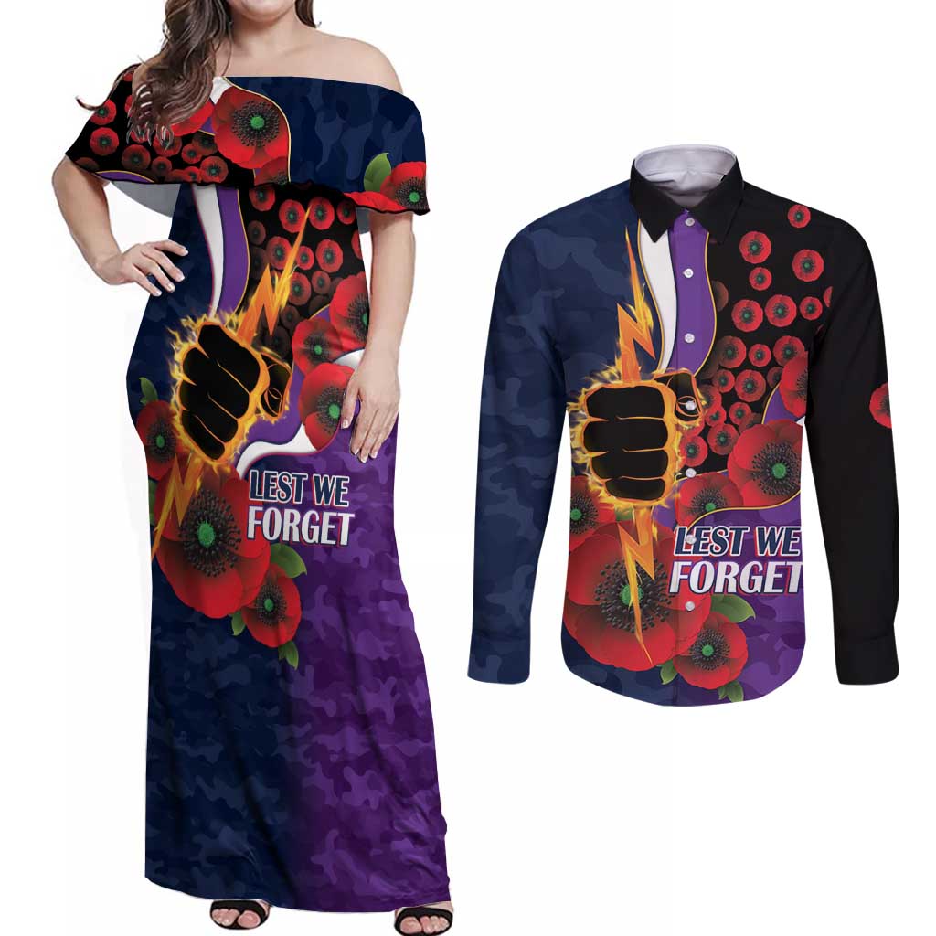 Melbourne Storm ANZAC Personalised Couples Matching Off Shoulder Maxi Dress and Long Sleeve Button Shirt Lest We Forget Poppy Camo