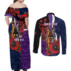 Melbourne Storm ANZAC Personalised Couples Matching Off Shoulder Maxi Dress and Long Sleeve Button Shirt Lest We Forget Poppy Camo