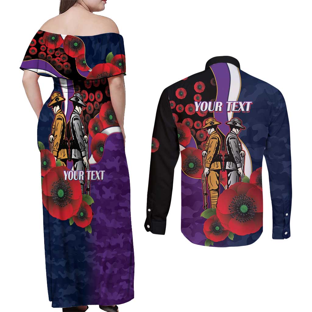 Melbourne Storm ANZAC Personalised Couples Matching Off Shoulder Maxi Dress and Long Sleeve Button Shirt Lest We Forget Poppy Camo