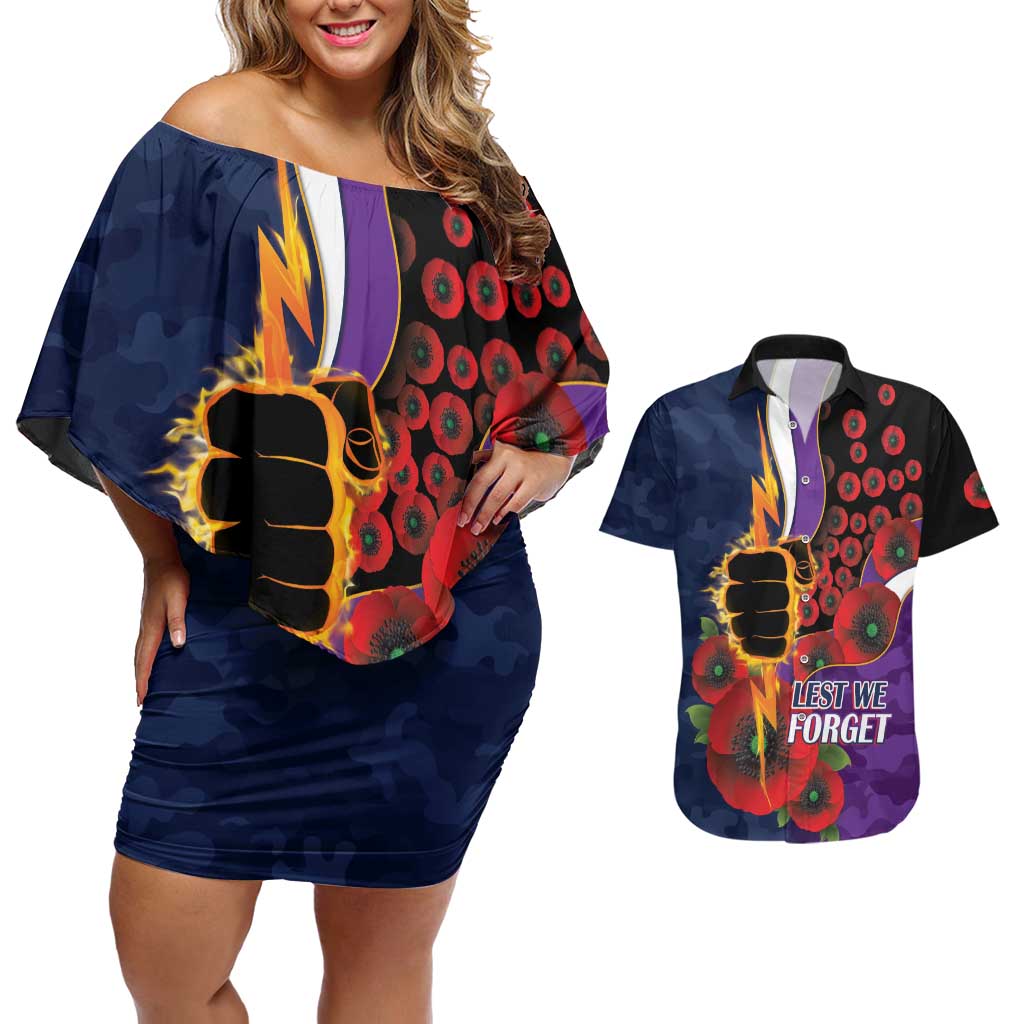 Melbourne Storm ANZAC Personalised Couples Matching Off Shoulder Short Dress and Hawaiian Shirt Lest We Forget Poppy Camo