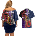 Melbourne Storm ANZAC Personalised Couples Matching Off Shoulder Short Dress and Hawaiian Shirt Lest We Forget Poppy Camo
