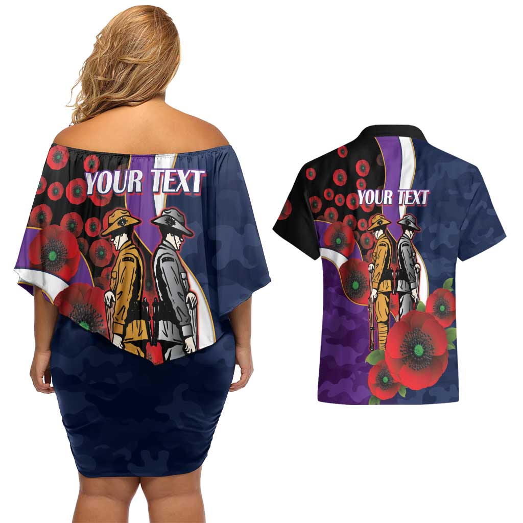 Melbourne Storm ANZAC Personalised Couples Matching Off Shoulder Short Dress and Hawaiian Shirt Lest We Forget Poppy Camo