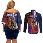 Melbourne Storm ANZAC Personalised Couples Matching Off Shoulder Short Dress and Long Sleeve Button Shirt Lest We Forget Poppy Camo
