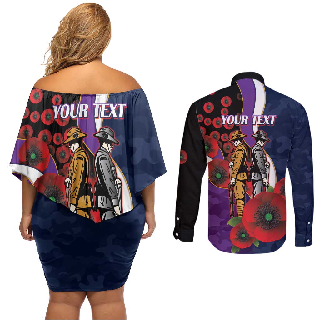 Melbourne Storm ANZAC Personalised Couples Matching Off Shoulder Short Dress and Long Sleeve Button Shirt Lest We Forget Poppy Camo
