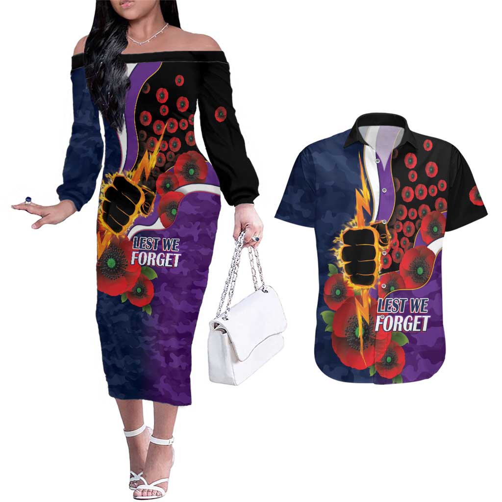 Melbourne Storm ANZAC Personalised Couples Matching Off The Shoulder Long Sleeve Dress and Hawaiian Shirt Lest We Forget Poppy Camo