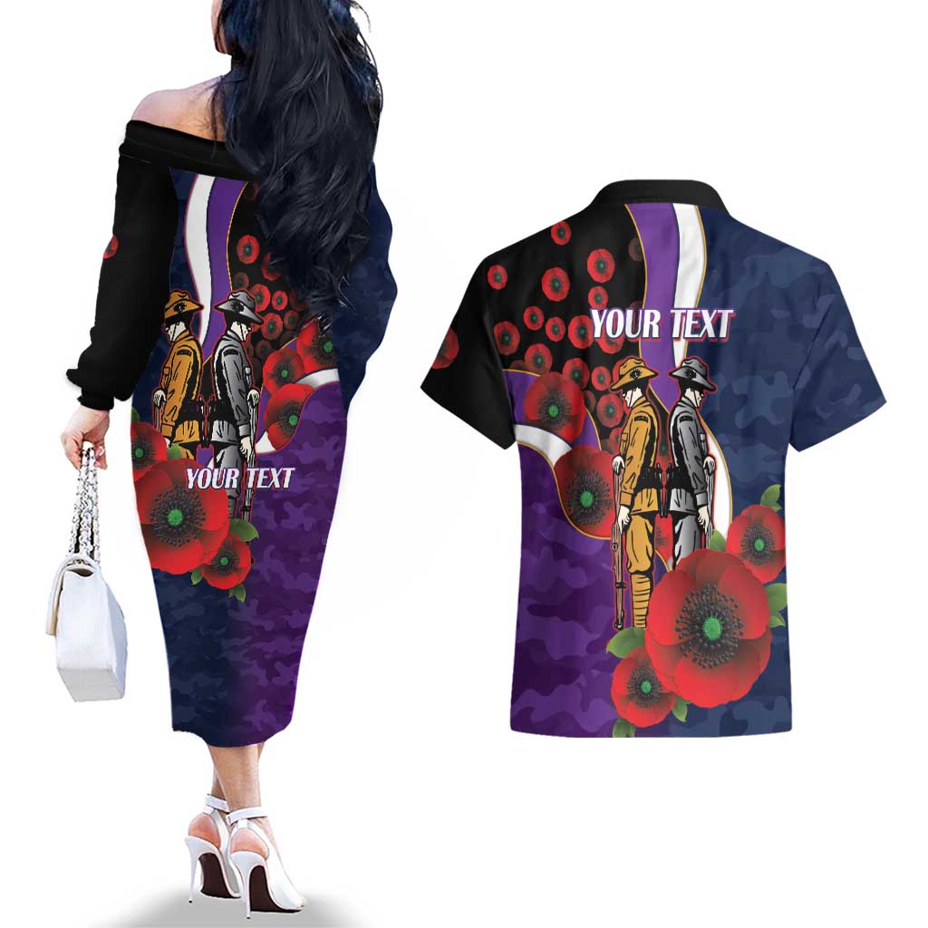 Melbourne Storm ANZAC Personalised Couples Matching Off The Shoulder Long Sleeve Dress and Hawaiian Shirt Lest We Forget Poppy Camo